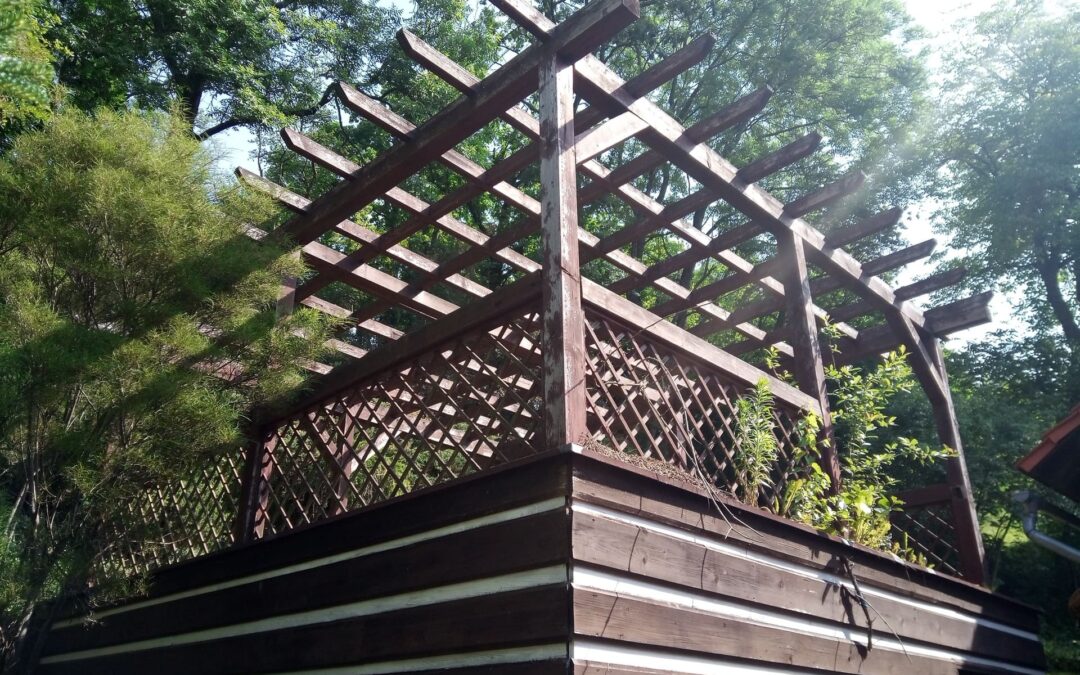 Demontáž slunolamu či pergoly, demontáž střešní pochozí podlahy, montáž nové podlahové části včetně impregnačních nátěrů a položení asfaltového střešního pláště. Výroba a montáž masivního zábradlí, včetně konstrukčních tesařských spojů, žádné plechové spojky. Očištění a nátěry části dřevěného obkladu štítu na krásné roubence. Výroba nových plotových polí, včetně plotovek na přání zákazníka, nátěry a montáž.